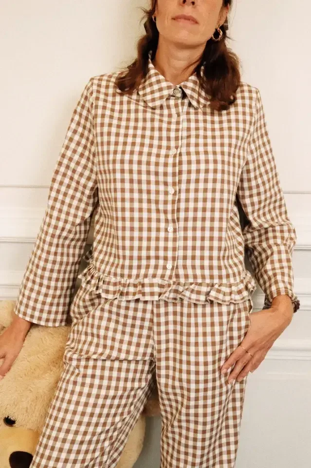 NanyBlouses Le Vichy Latte damespyjama in bruin en wit