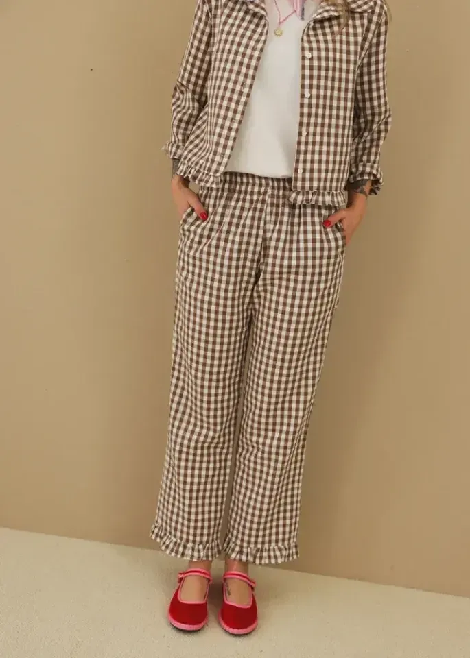 NanyBlouses Le Vichy Latte damespyjama in bruin en wit