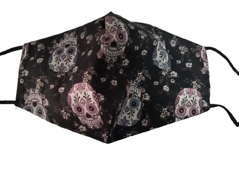 Mondmasker roze en blauwe doodskoppen - katoen