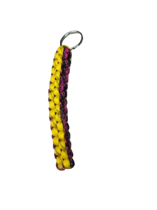 Sleutelhanger met gevlochten touw - geel/ donker roze/ zwart - touwlengte 12.5 cm