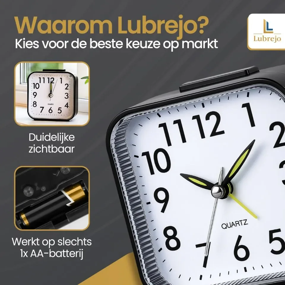 LUBREJO® Traditionele Analoog Wekker Pro - Zonder Tikgeluid - Opbouwend Alarmsignaal - Eenvoudige Bediening - Senioren - Zwart - Voor de Slaapkamer