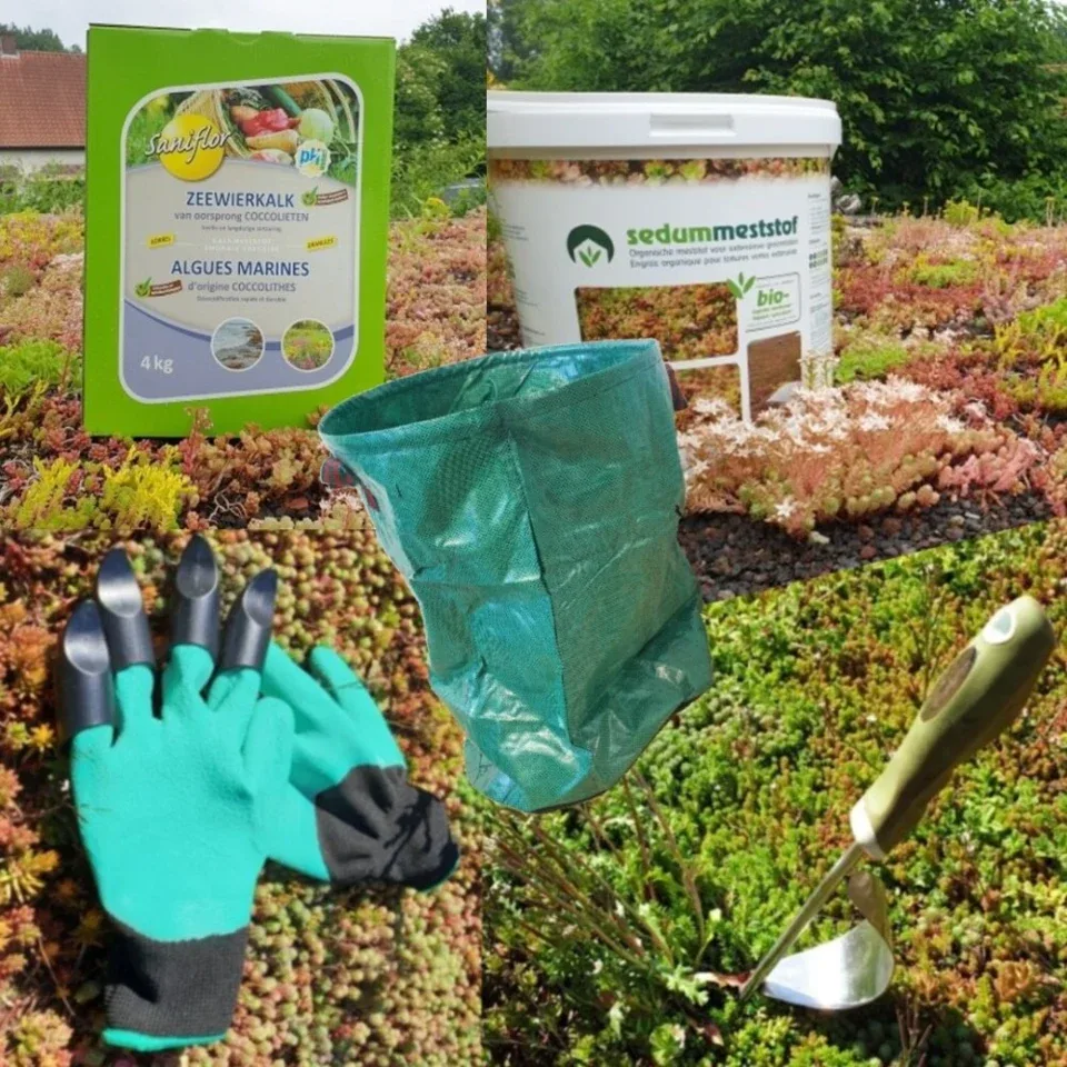 Onderhoudspakket: onderhoud voor je groendak doe-het-zelf, mooie groei bloemen groendak, mos bestrijden, onkruid verwijderen, sedummeststof, sedum mes
