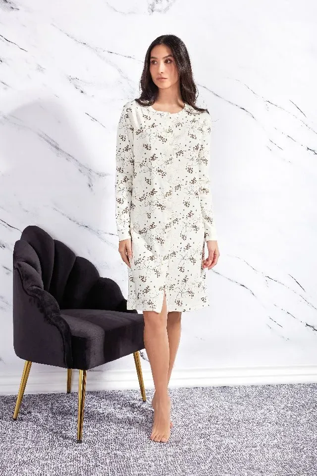 Slaapkleed Q.BO  46718 ,   lange mouw  ,  ecru met print , 100 % katoen