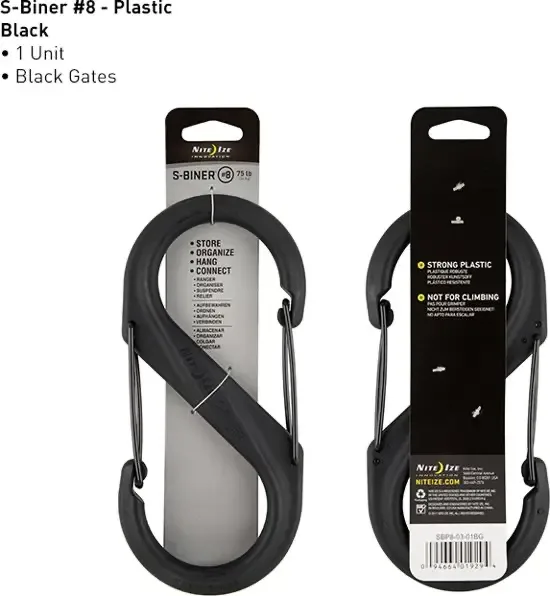 Nite Ize S-Biner Size #8 Plastic Zwart Zwart poorten Karabijnhaak SBP8-03-01BG