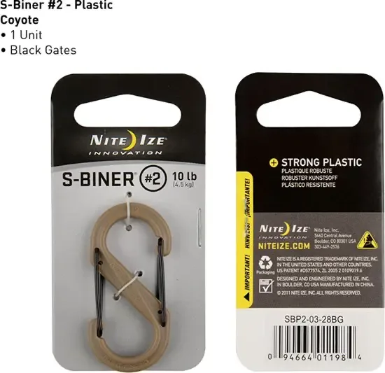 Nite Ize S-Biner Size #2 Plastic Coyote Zwart poorten Karabijnhaak SBP2-03-28BG