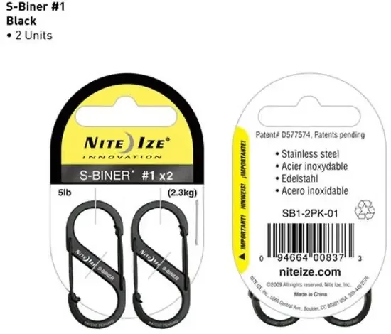 Nite Ize S-Biner Size #1 Zwart Karabijnhaak 2 Stuks SB1-2PK-01