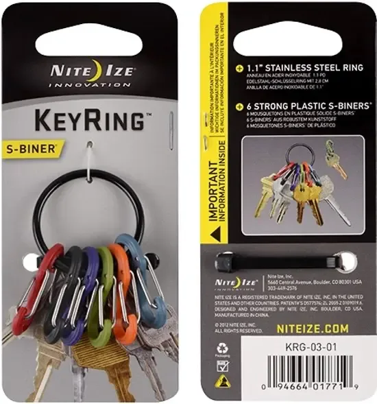 Nite Ize KeyRing Zwart met Plastic kleuren S-Biners KRG-03-01
