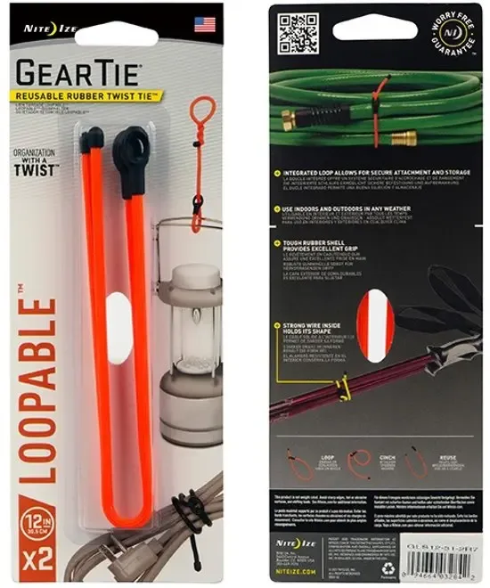 Nite Ize Gear Tie Loopable Twist Tie 12" Fel Oranje 2 Stuks Herbruikbare kabelbinder GLS12-31-2R7