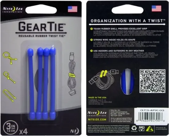 Nite Ize Gear Tie 3" Blauw 4 Stuks Herbruikbare kabelbinder GT3-4PK-03