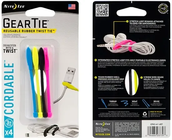 Nite Ize Gear Tie Cordable 3" 4 Stuks Mix kleuren Herbruikbare kabelbinder GTK3I-A1-4R7