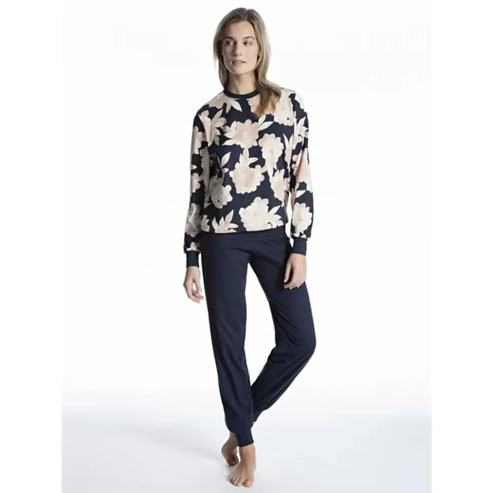 Calida Pyjama: Blauw bedrukt 100% Cotton single Jersey