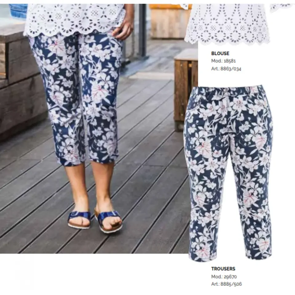 KjBrand Pirate Broek, net onder de knie: Geprinte bloemen, op basis van elastiek en rits/knoop, 40 - 48 duitse maten