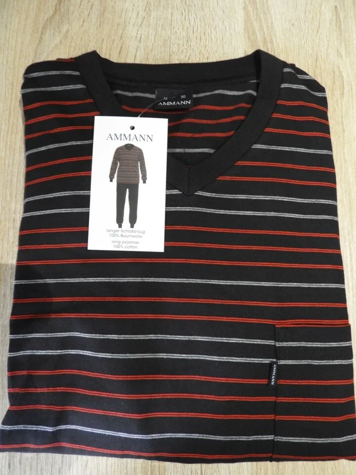 Ammann Heren Pyjama: Antraciet / rood, V hals tot 3XL ( Amm.413)
