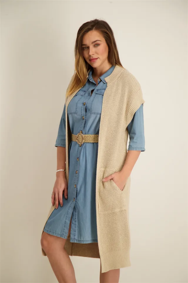 Signe Nature Cardigan: Beige, mouwloos ( Signe.1053 )