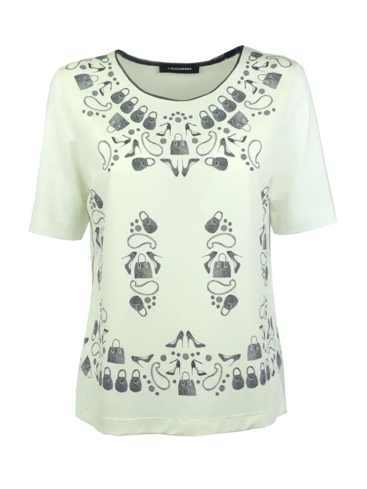 Eugen Klein Dames Shirt: Korte mouw, ecru / blauw ( EUG.78 )