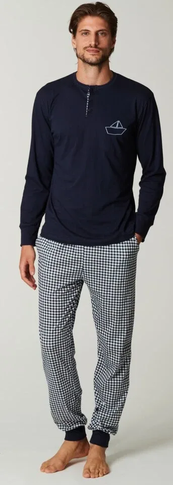Haqppy People Heren Pyjama: Blauw, 100% Katoen, carree broek ( HAP.70 )