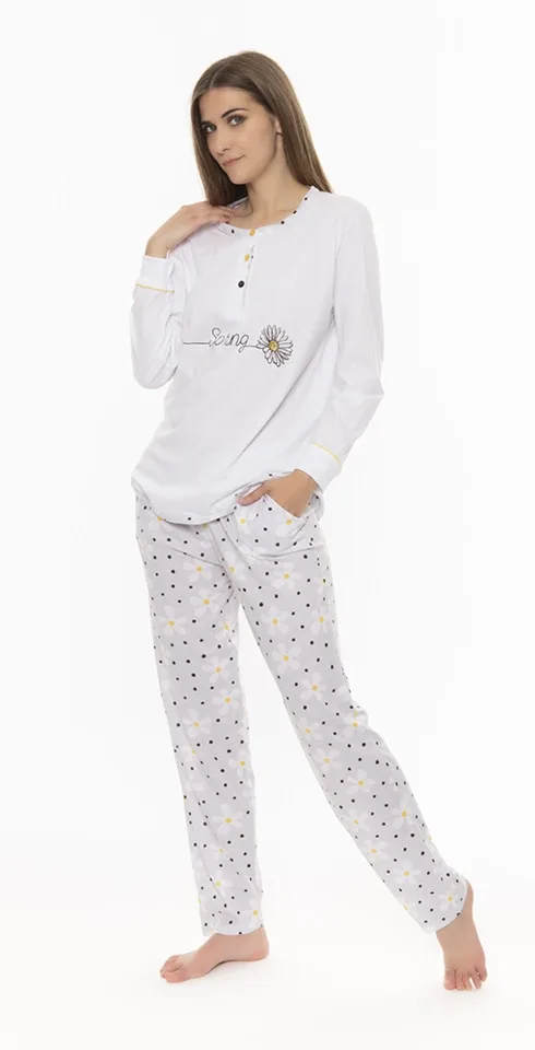 Gary Dames Pyjama: 100% katoen, Wit / grijs ( GARY.43 )