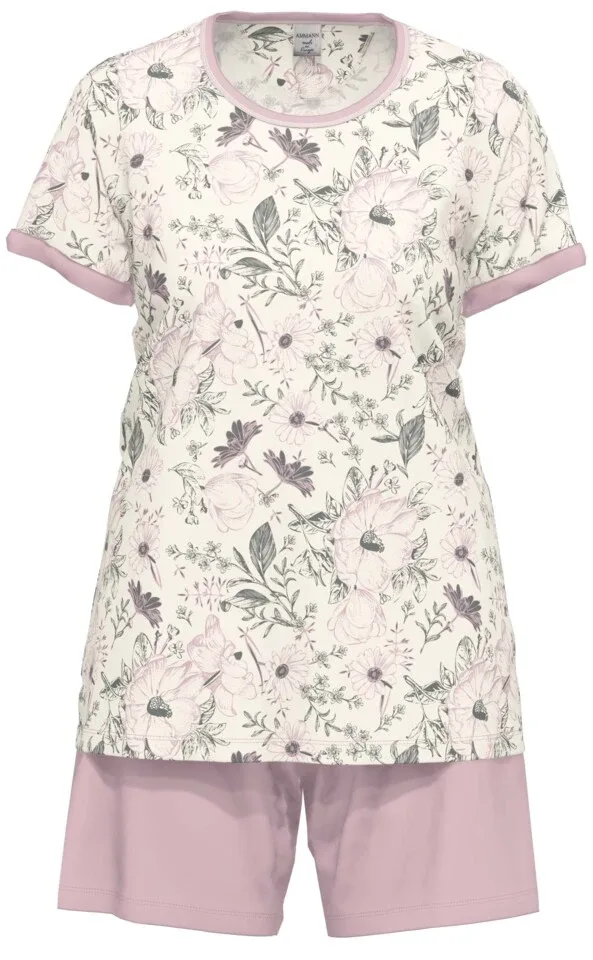 Ammann Dames Pyjama: Korte mouw / short, Ecru / roze ( AMM.473 )