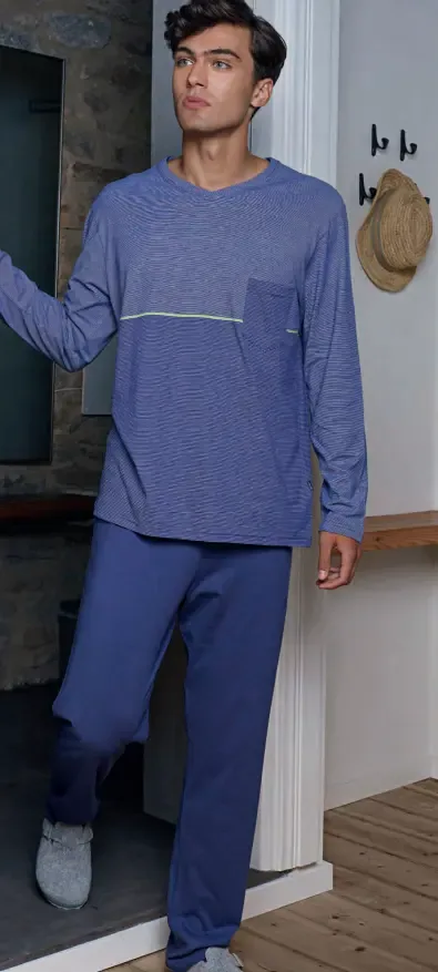 Ammann Heren Pyjama: Licht Blauw, V hals, 100% Katoen ( AMM.482 )