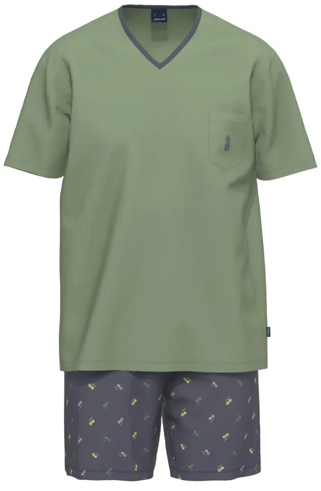 Ammann Heren Pyjama: Korte mouw / geprinte short, Groen, 100% Katoen ( AMM.463 )