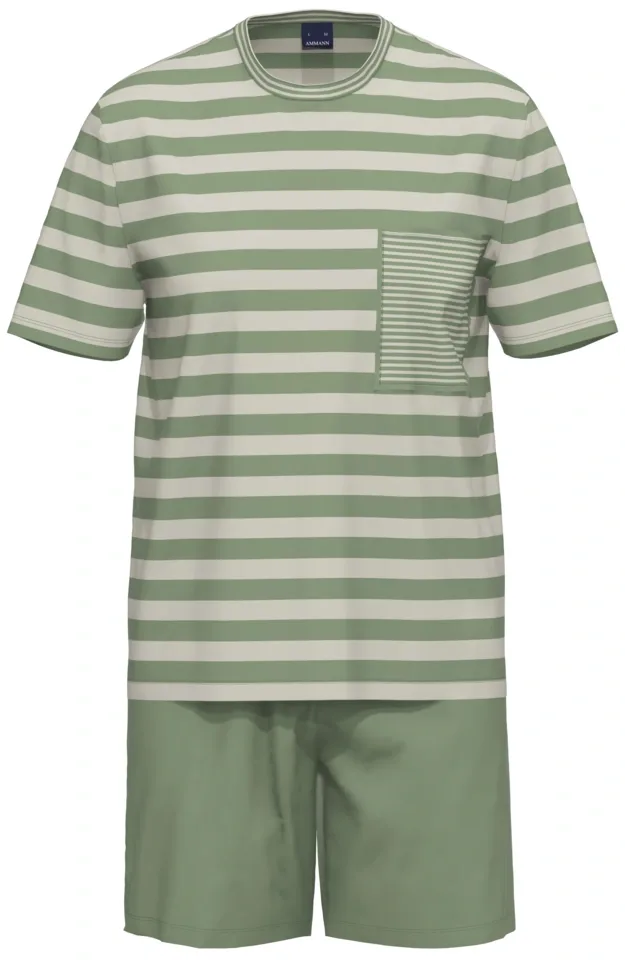 Ammann Heren Pyjama: Korte mouw / short, Groen gestreept, Light cotton ( AMM.465 )
