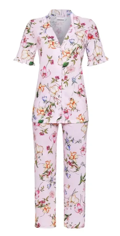 Ringella Dames pyjama; doorknoop, korte mouw / capri broek ( RIN.358 )