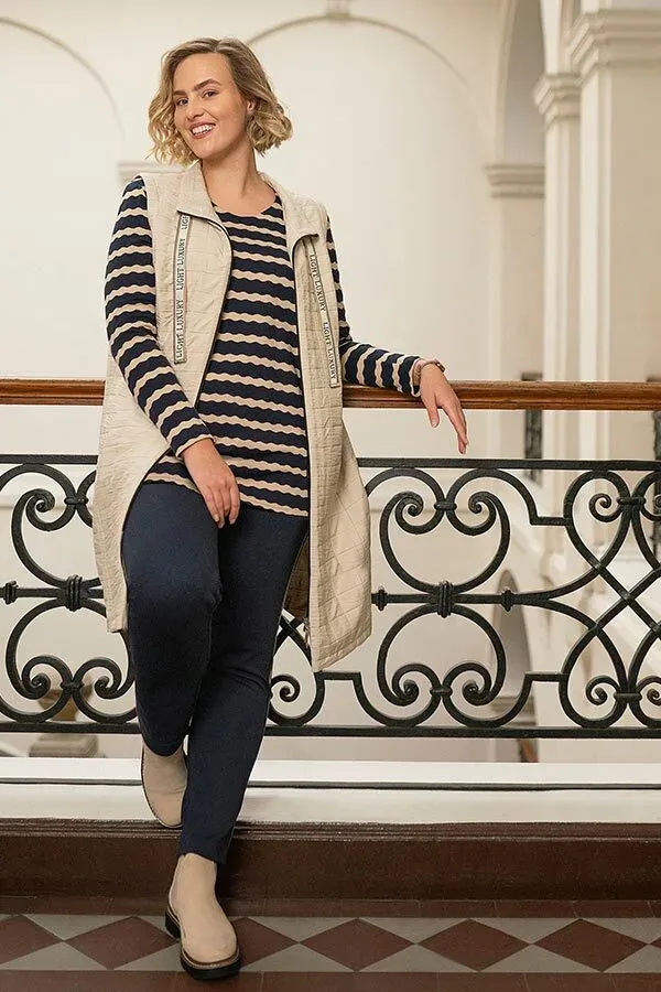 Mona Lisa Shirt: lange mouw, Blauw / beige gestreept ( Mona.143 )