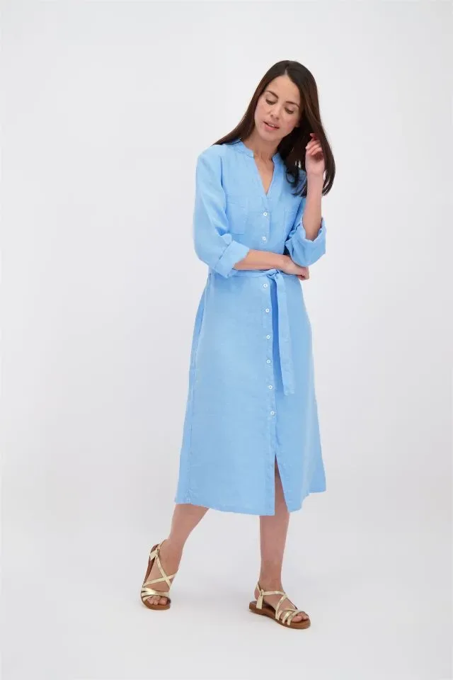 Signe Nature Linnen Kleed: Blauw, 3/4 mouw ( Signe.1142 )