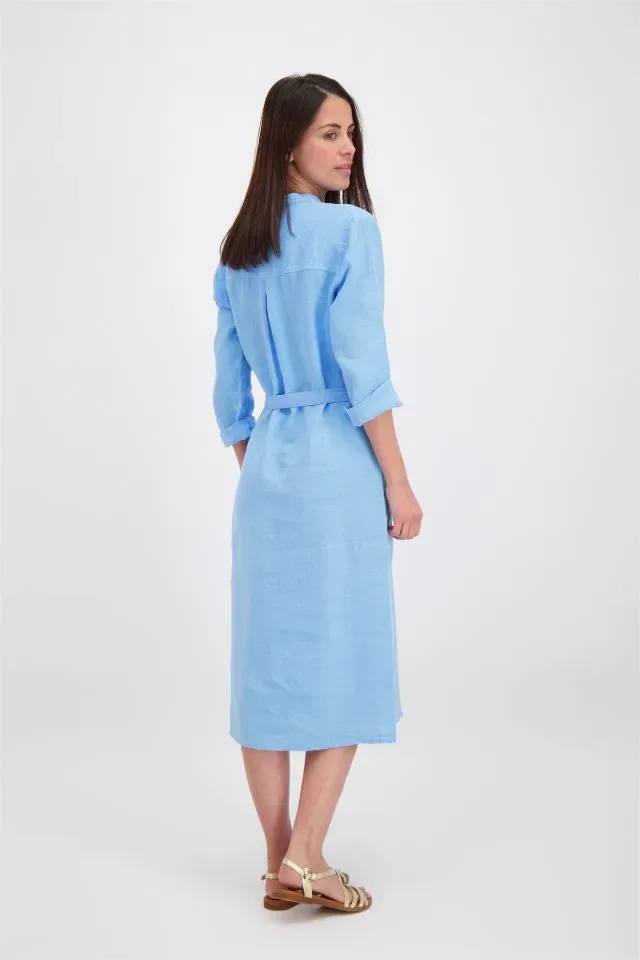 Signe Nature Linnen Kleed: Blauw, 3/4 mouw ( Signe.1142 )