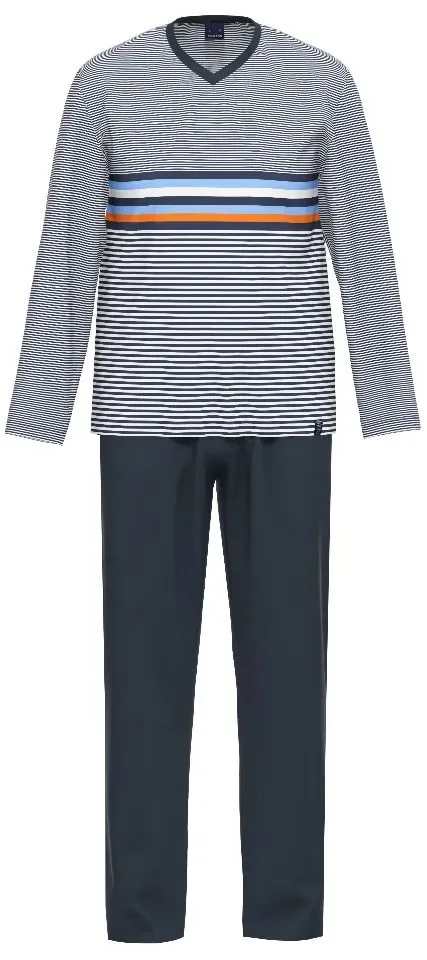 Ammann Heren pyjama: blauw gestreept Vhals ( AMM.534 )