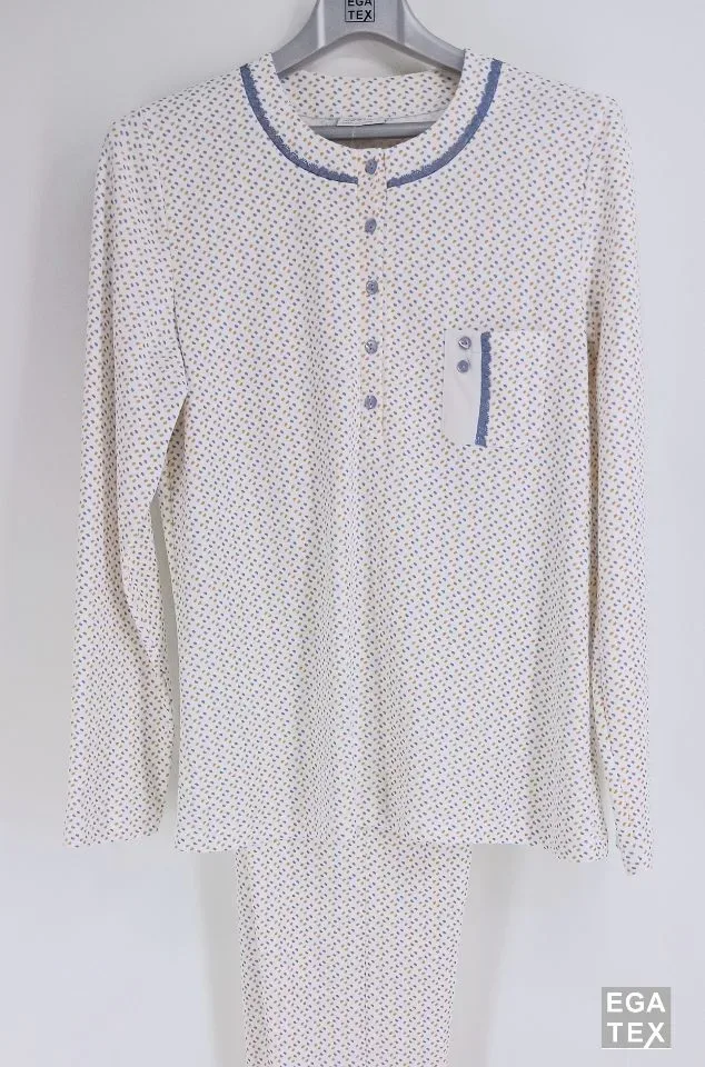Egatex Dames pyjama: Interlock, Ecru / blauw ( EGA.384 )