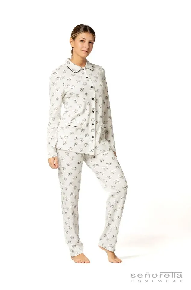 Egatex Dames pyjama interlock: Wit / zwart, Doorknoop ( EGA.387 )