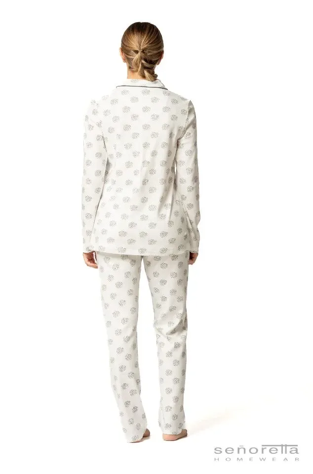 Egatex Dames pyjama interlock: Wit / zwart, Doorknoop ( EGA.387 )