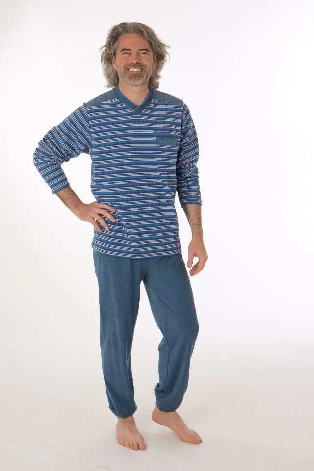 Perlina Heren Pyjama: Badstof, Blauw gestreept ( LINA.4 )