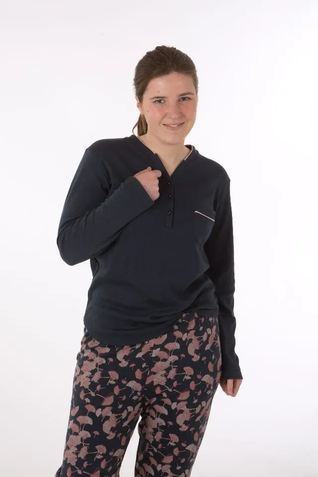 Perlina Dames Pyjama: Aziza, Gemoltoneerd, Blauw uni ( LINA.31 )