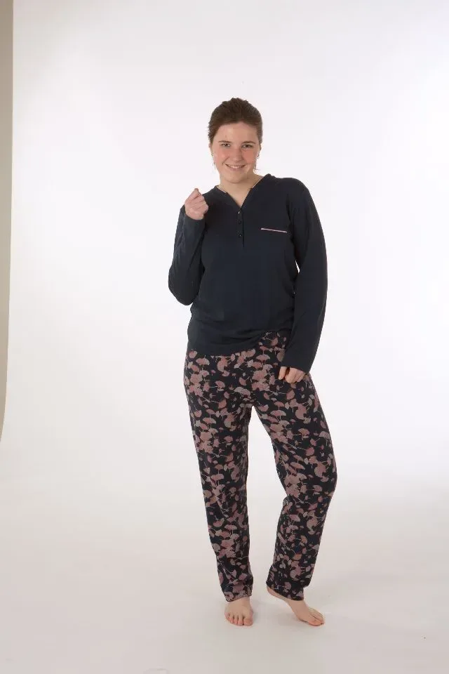 Perlina Dames Pyjama: Aziza, Gemoltoneerd, Blauw uni ( LINA.31 )