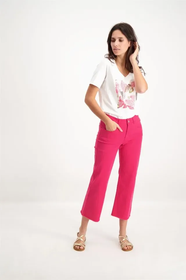 Signe nature T-shirt: Ecru / Fushia, Korte mouw ( Signe.1224 )