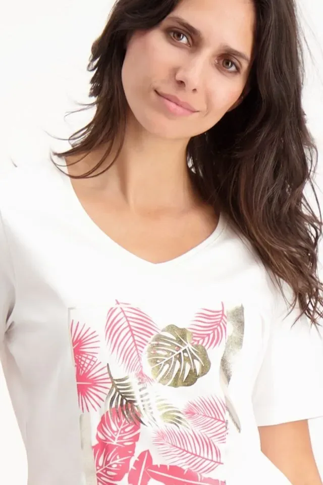 Signe nature T-shirt: Ecru / Fushia, Korte mouw ( Signe.1224 )