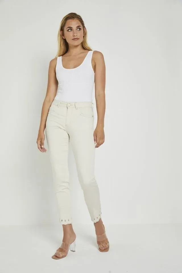 Para Mi broek Cate, Cigarette fit : Off White, elastiek in de lenden, Satin Cotton ( PARA.306 )