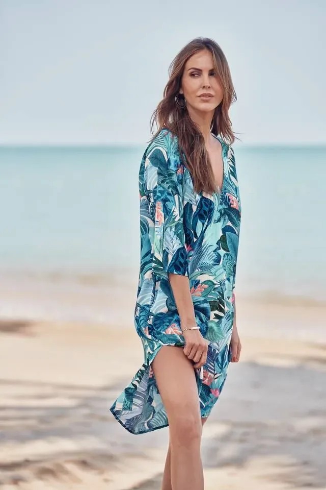 Anita zomerjurk: blauw, multicolor print, v hals ( ani.321 )