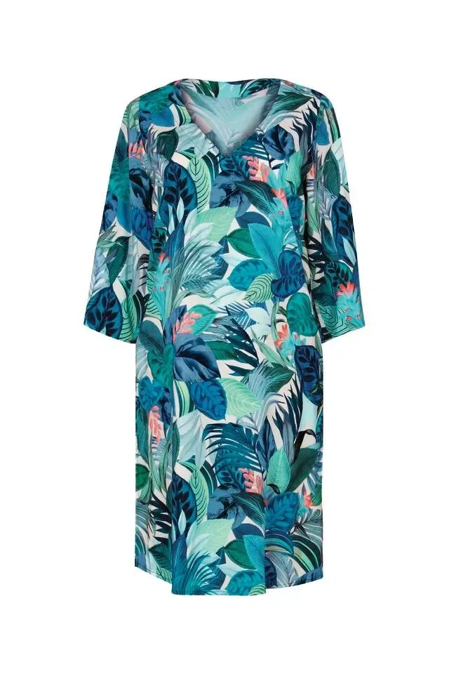 Anita zomerjurk: blauw, multicolor print, v hals ( ani.321 )