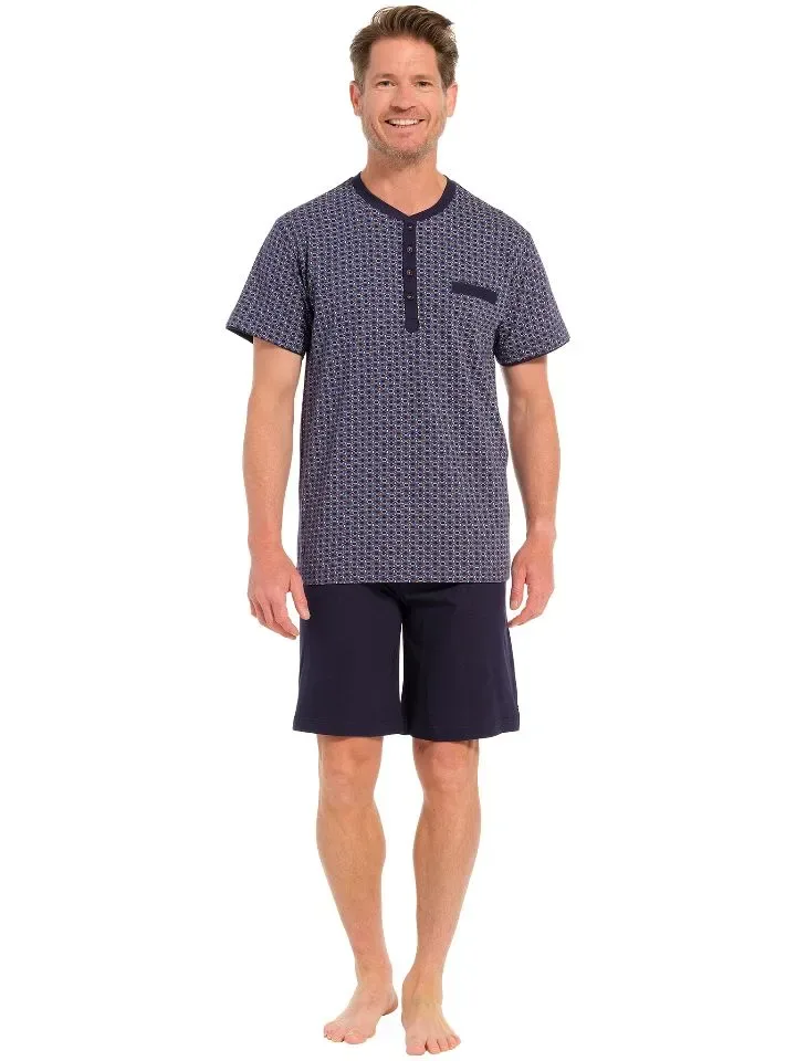 Pastunette heren pyjama: Blauw, ronde hals met pat en knopen  ( PAS.33 )