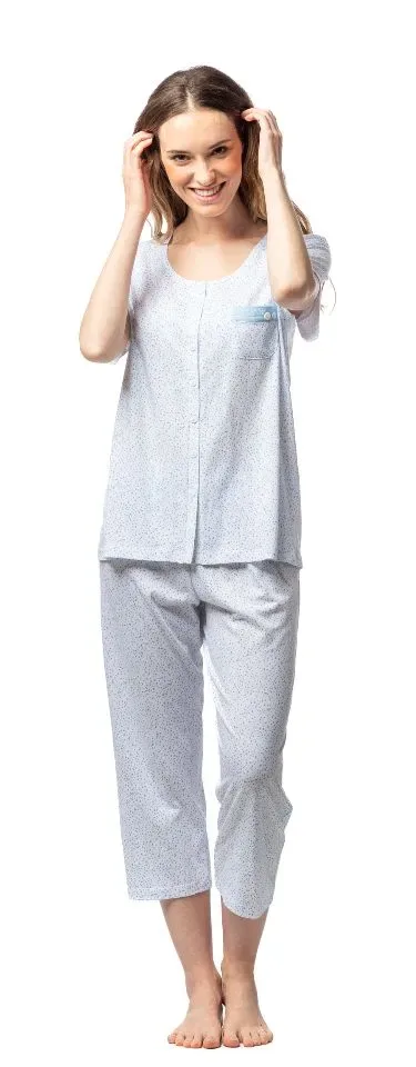 Egatex Dames Pyjama: Doorknoop model, Korte mouw + 3/4 broek ( eGA.402 )