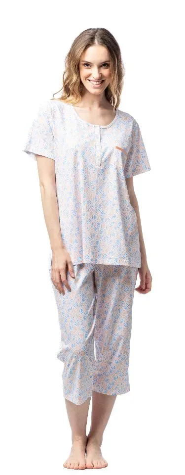 Egatex Dames Pyjama: Ecru / oranje, Korte mouw + 3/4 broek ( EGA.404 )