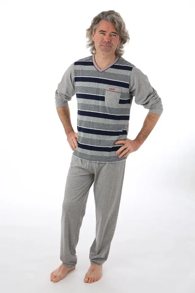 Perlina Heren Pyjama: Luiz, Grijs/blauw  gestreept ( LINA.51 )