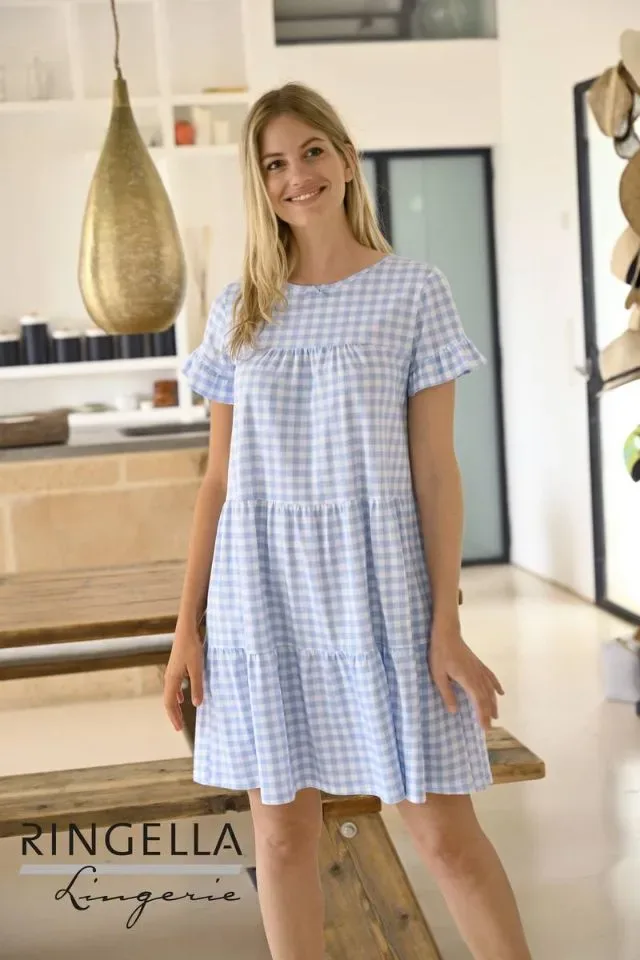 Ringella Nachthemd dames: Blauw / wit, gefronste boorden ( RIN.505 )