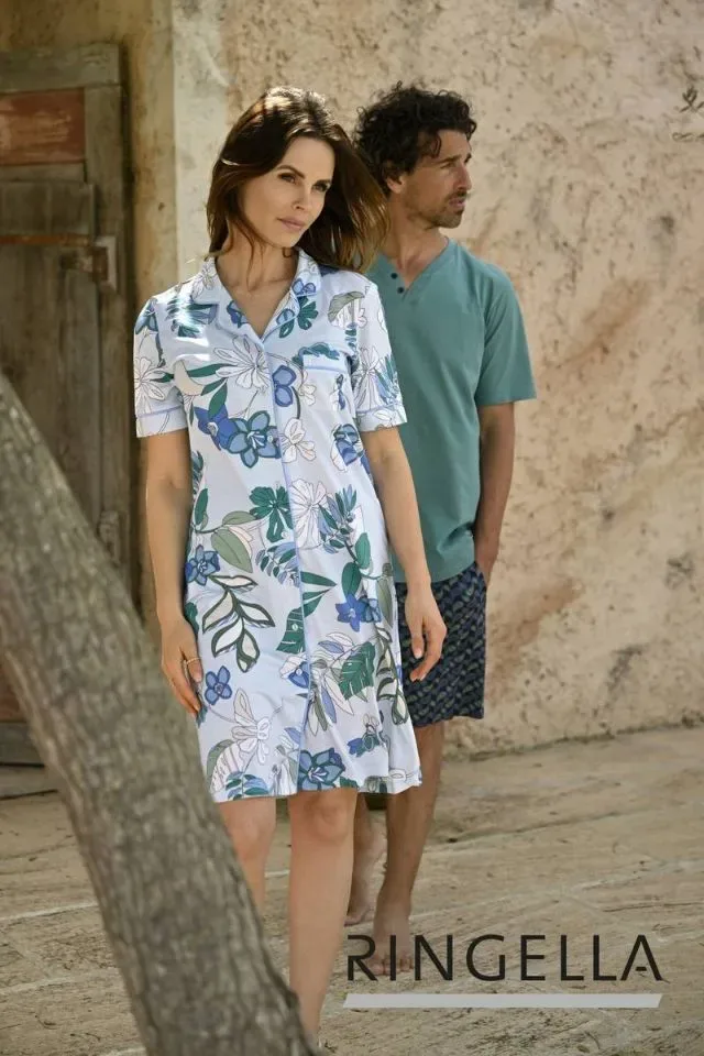 Ringella Dames nachthemd: Blauw geprint, Doorknoop model, Tencel ( RIN.508 )