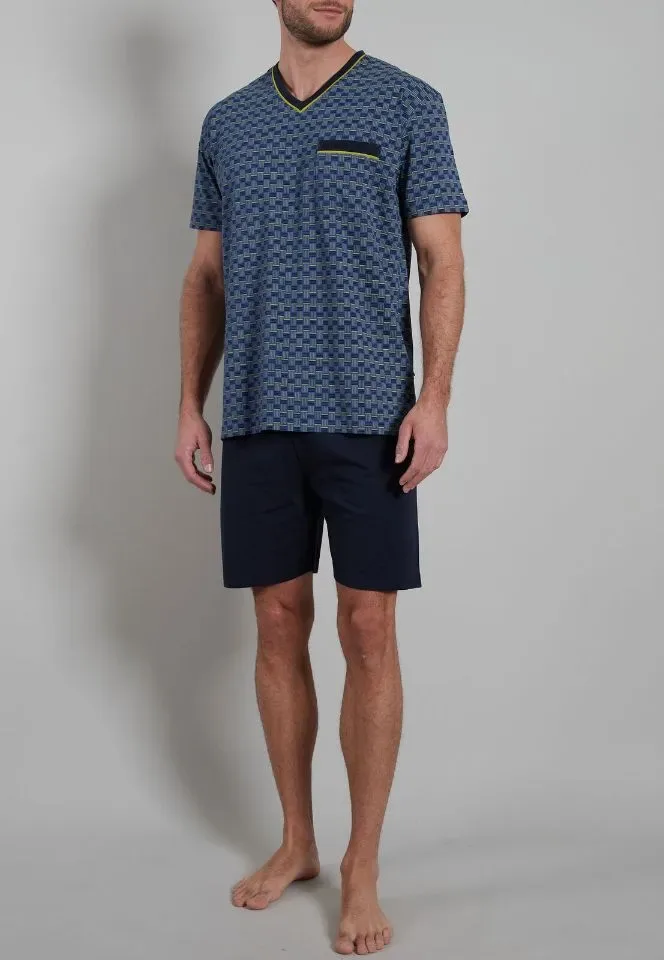 Gotzburg Pyjama Heren: Blauw, V hals, ( GOT.57 )