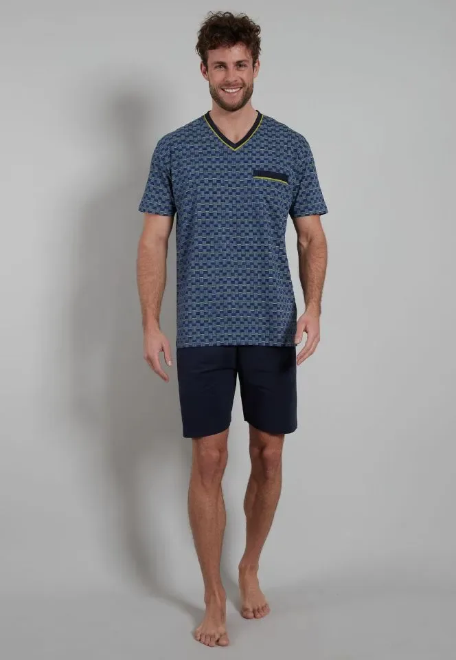 Gotzburg Pyjama Heren: Blauw, V hals, ( GOT.57 )