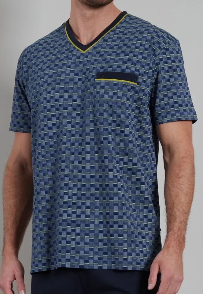Gotzburg Pyjama Heren: Blauw, V hals, ( GOT.57 )